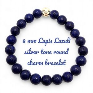 8 mm Lapis Luzuli Silver tone round charm bracelet